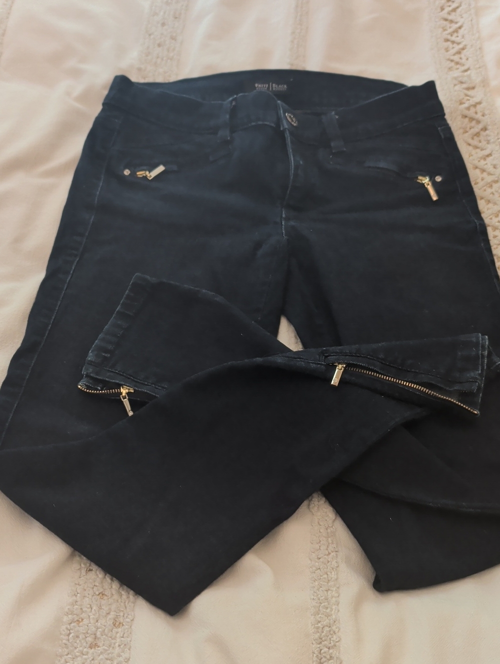 White House Black Market Black Skinny Jeans with Gold Zipper Accents